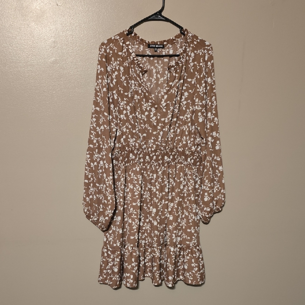 Steve Madden Mini Dress Long Sleeve Brown White Floral Womens‎ Size XXL